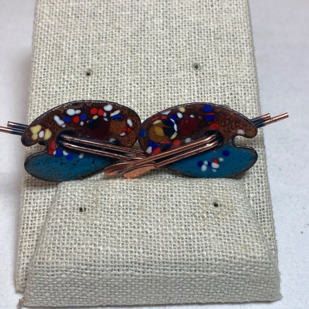 Renoir Matisse Copper Artist Pallet Vintage Clip On Earrings Paintbrush Art Deco